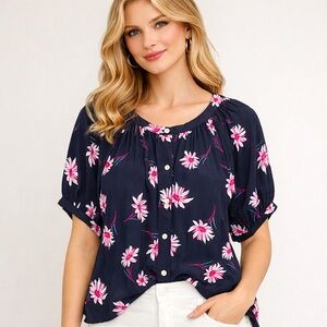 Karen Kane Daisy Peasant Blouse Navy/Pink Size Large Short Sleeve